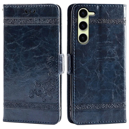 For Samsung Galaxy S23 Leather Case Flower Imprint Wallet Phone Cover with Side Buckle - Blue