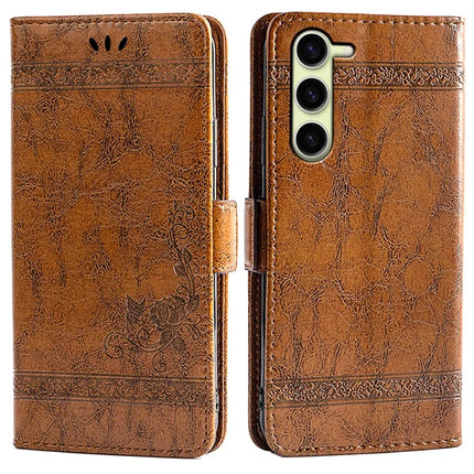 For Samsung Galaxy S23 Leather Case Flower Imprint Wallet Phone Cover with Side Buckle - Brown