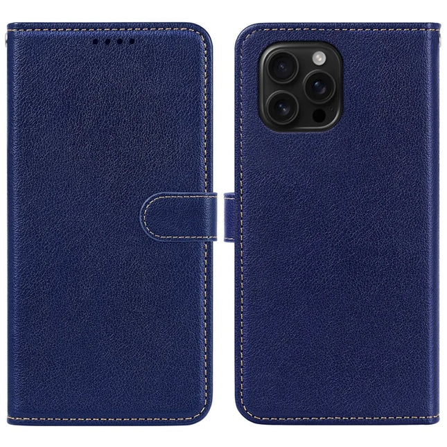 For iPhone 16 Pro Leather Case Litchi Texture Wallet RFID Blocking Phone Cover - Blue