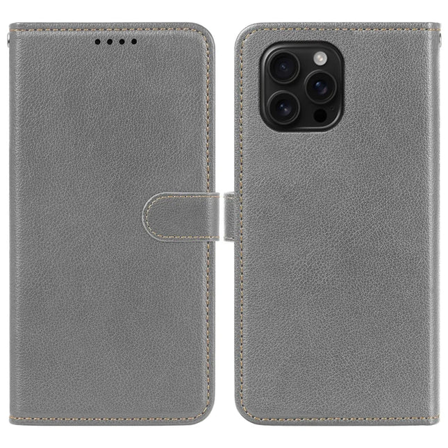 For iPhone 15 Pro Max Leather Case Litchi Texture Wallet RFID Blocking Phone Cover - Grey