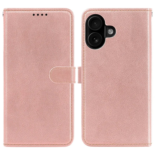 For iPhone 16 Plus Leather Case Litchi Texture Wallet RFID Blocking Phone Cover - Rose Gold