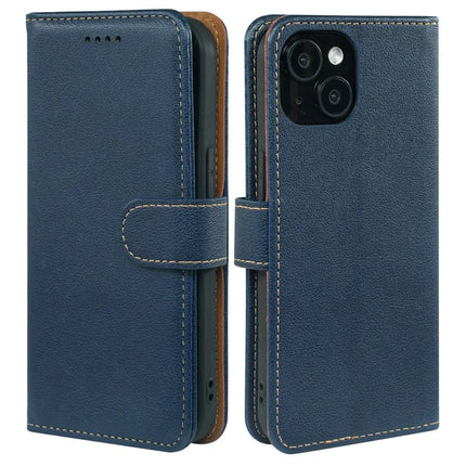 For iPhone 14 Leather Case Litchi Texture Wallet RFID Blocking Phone Cover - Blue