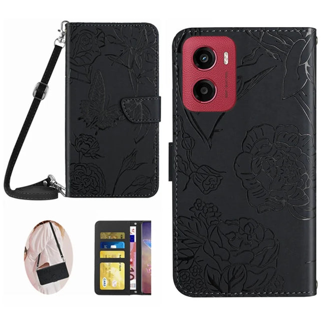 For Motorola Moto G05 4G Case Butterfly Flower Imprint Leather Phone Cover with Shoulder Strap - Black