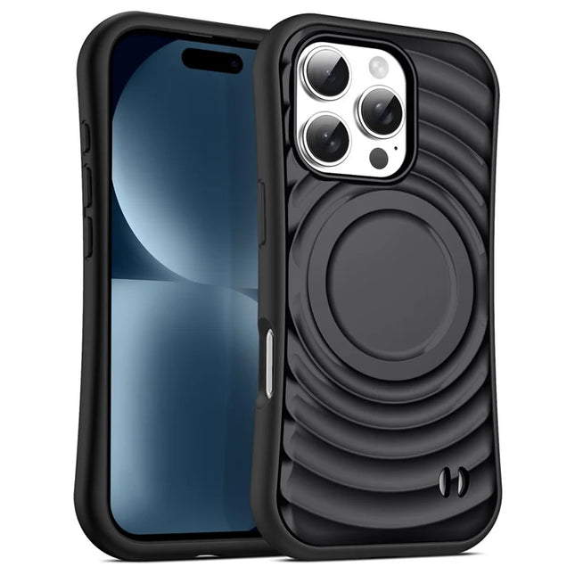 For iPhone 16 Pro Case Compatible with MagSafe Wavy Curves Texture Slim Anti Drop PC + TPU Back Cover - Black