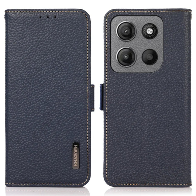 KHAZNEH For Motorola Moto G15 4G  /  G05 4G Phone Case Genuine Cow Leather Cover RFID Blocking - Blue