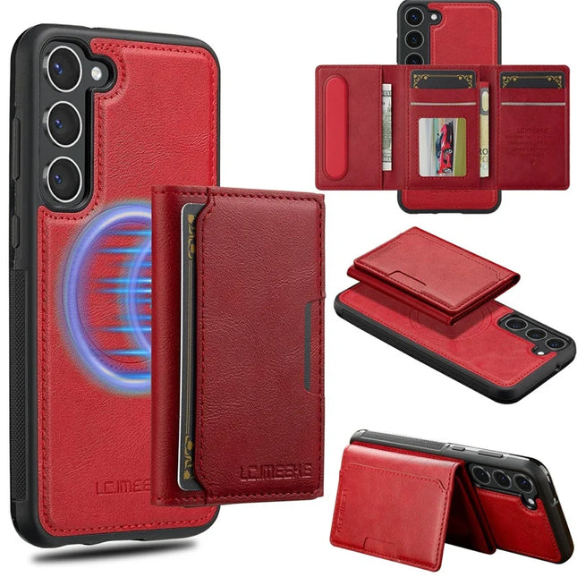 LC.IMEEKE L5 For Samsung Galaxy S23 Magnetic Phone Case Leather Back Cover with Detachable Card Holder - Red