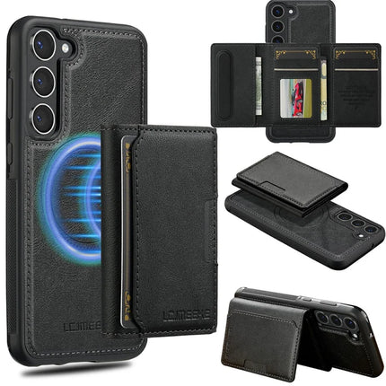 LC.IMEEKE L5 For Samsung Galaxy S23 Magnetic Phone Case Leather Back Cover with Detachable Card Holder - Black