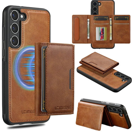 LC.IMEEKE L5 For Samsung Galaxy S23 Magnetic Phone Case Leather Back Cover with Detachable Card Holder - Brown