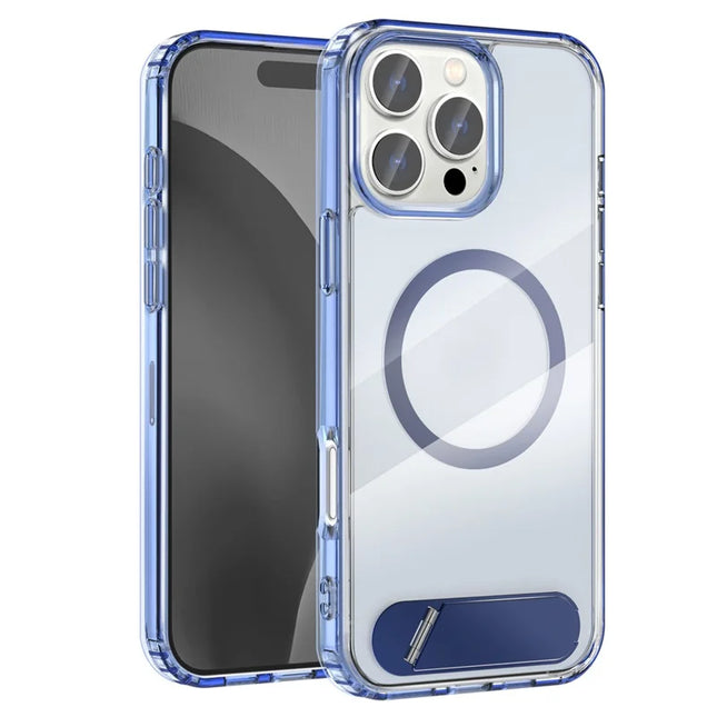 For iPhone 16 Pro Case Compatible with MagSafe Folding Kickstand Anti Drop PC + TPU Back Cover - Blue