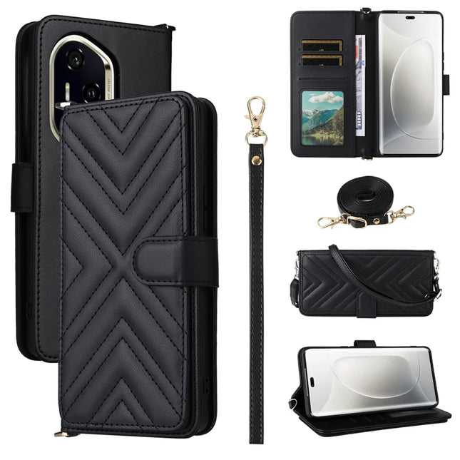 For Honor 300 Pro / 300 Ultra Wallet Case with Shoulder Strap Leather Phone Cover - Black