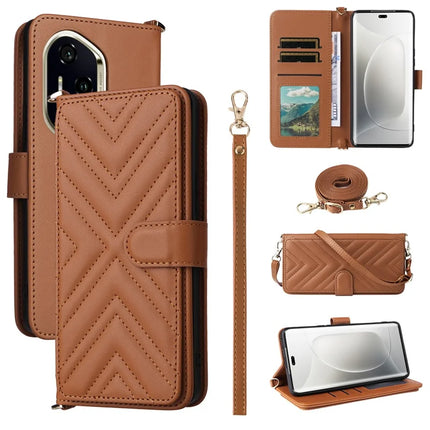For Honor 300 Pro / 300 Ultra Wallet Case with Shoulder Strap Leather Phone Cover - Brown