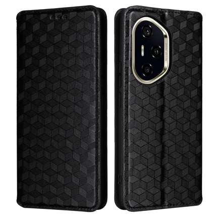 For Honor 300 Pro / 300 Ultra Wallet Case Rhombus Imprinted Leather Phone Cover - Black