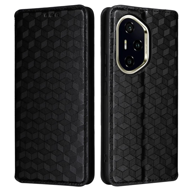 For Honor 300 Pro / 300 Ultra Wallet Case Rhombus Imprinted Leather Phone Cover - Black