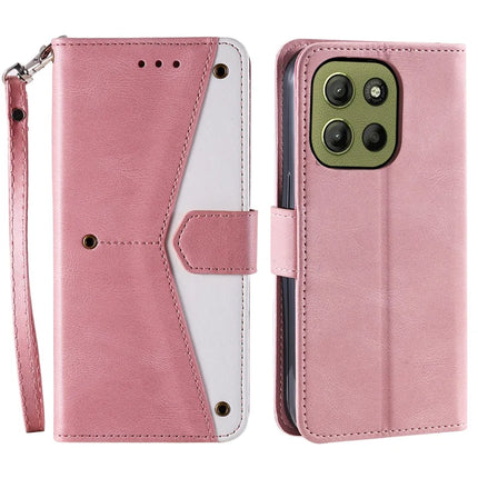 For Motorola Moto G05 4G Leather Case Splicing Stitching Wallet Stand Phone Cover with Strap - Rose Gold
