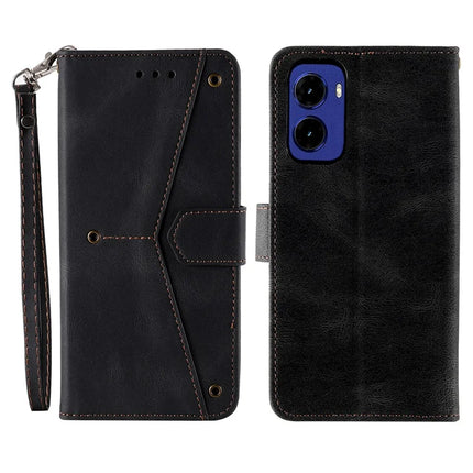 For Motorola Moto G05 4G Leather Case Splicing Stitching Wallet Stand Phone Cover with Strap - Black