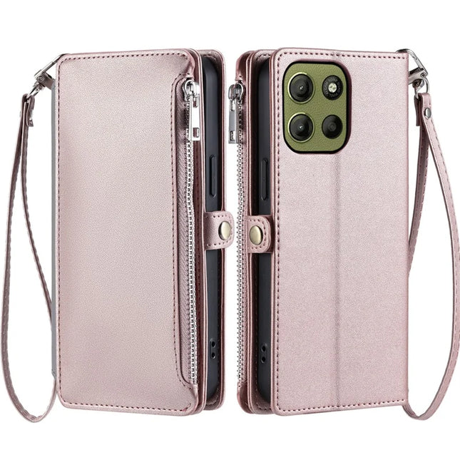 015 Style For Motorola Moto G15 4G Case TPU+PU Leather Wallet Phone Cover with Straps - Rose Gold