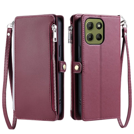 015 Style For Motorola Moto G15 4G Case TPU+PU Leather Wallet Phone Cover with Straps - Wine Red