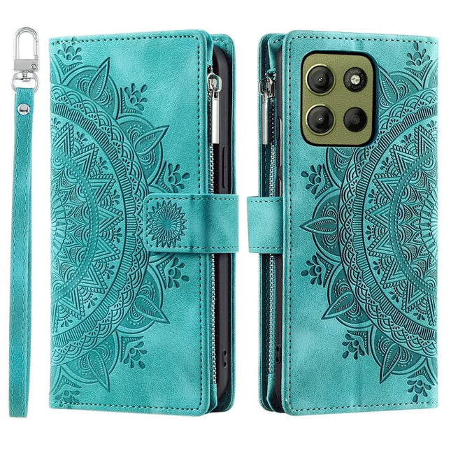Style 006 For Motorola Moto G15 4G Wallet Case PU Leather Phone Cover Mandala Flower Pattern - Mint Green