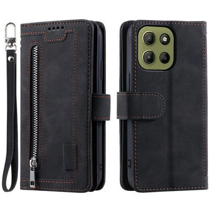 For Motorola Moto G15 4G Case PU Leather Phone Cover with Zipper Wallet 9 Card Slots - Black