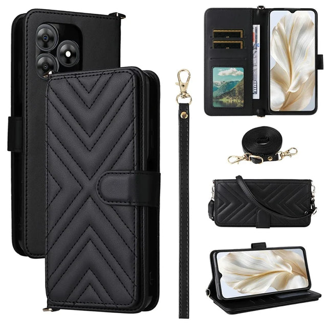 For Blackview Wave 8C Wallet Case with Shoulder Strap Leather Phone Cover - Black