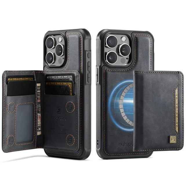 For iPhone 12 Pro Max 6.7 inch Case AUTSPACE A13 Vintage Leather Back Cover with Magnetic Detachable Card Bag - Black