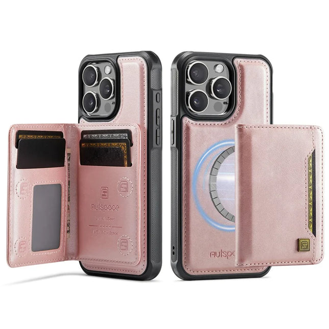 For iPhone 13 Pro Max 6.7 inch Case AUTSPACE A13 Vintage Leather Back Cover with Magnetic Detachable Card Bag - Rose Gold