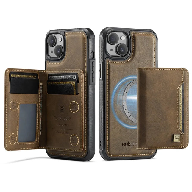 For iPhone 13 6.1 inch Case AUTSPACE A13 Vintage Leather Back Cover with Magnetic Detachable Card Bag - Coffee