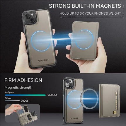 For iPhone 13 6.1 inch Case AUTSPACE A13 Vintage Leather Back Cover with Magnetic Detachable Card Bag