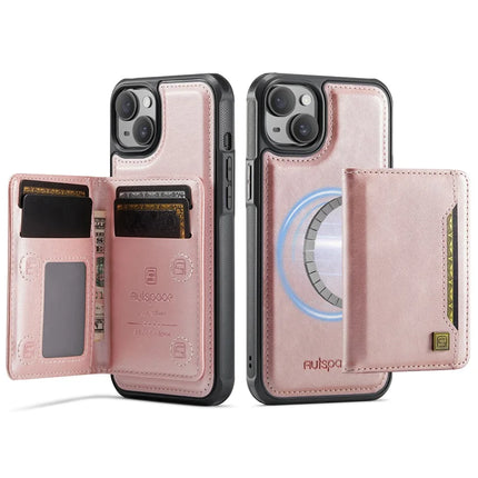 For iPhone 13 6.1 inch Case AUTSPACE A13 Vintage Leather Back Cover with Magnetic Detachable Card Bag - Rose Gold