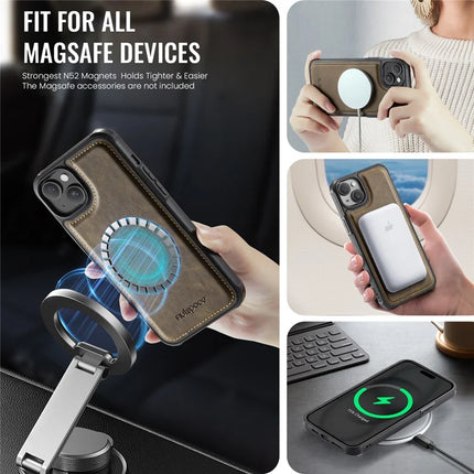 For iPhone 14 Case AUTSPACE A13 Vintage Leather Back Cover with Magnetic Detachable Card Bag