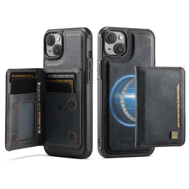 For iPhone 14 Case AUTSPACE A13 Vintage Leather Back Cover with Magnetic Detachable Card Bag - Black