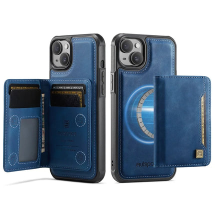 For iPhone 14 Case AUTSPACE A13 Vintage Leather Back Cover with Magnetic Detachable Card Bag - Blue