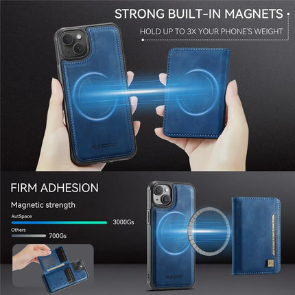 For iPhone 14 Case AUTSPACE A13 Vintage Leather Back Cover with Magnetic Detachable Card Bag