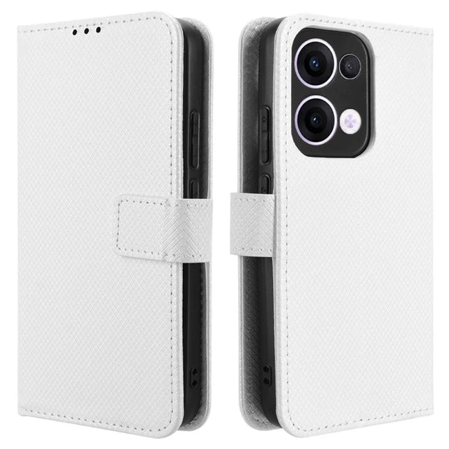 For Oppo Reno13 5G (Global) Case PU Leather Diamond Texture Wallet Phone Cover - White