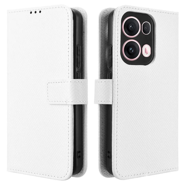 For Oppo Reno13 Pro 5G Case PU Leather Diamond Texture Wallet Phone Cover - White