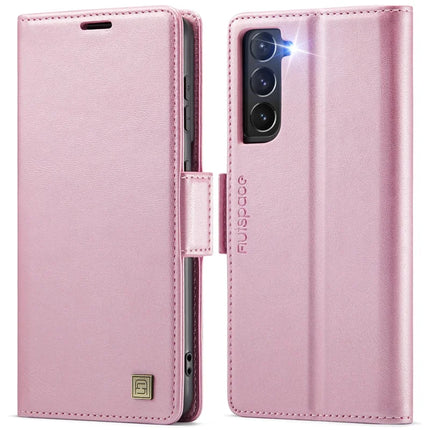For Samsung Galaxy S21 5G Case AUTSPACE A11 RFID Blocking Retro Leather Cell Phone Wallet Cover - Pink