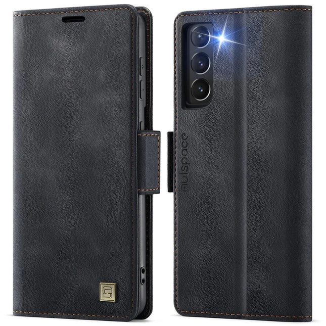 For Samsung Galaxy S21 Ultra 5G Case AUTSPACE A11 RFID Blocking Retro Leather Cell Phone Wallet Cover - Black