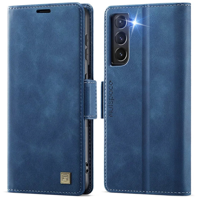 For Samsung Galaxy S21 Ultra 5G Case AUTSPACE A11 RFID Blocking Retro Leather Cell Phone Wallet Cover - Blue