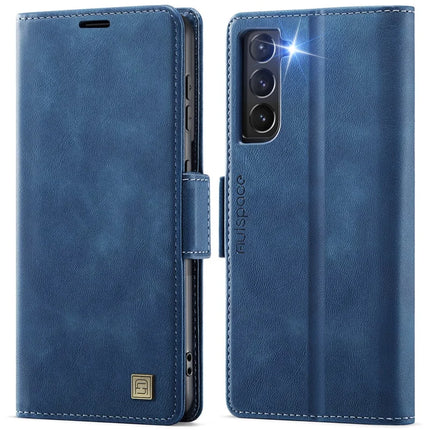 For Samsung Galaxy S21 FE 5G Case AUTSPACE A11 RFID Blocking Retro Leather Cell Phone Wallet Cover - Blue