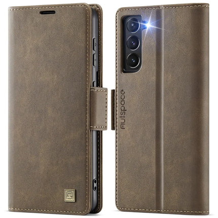 For Samsung Galaxy S21 FE 5G Case AUTSPACE A11 RFID Blocking Retro Leather Cell Phone Wallet Cover - Brown