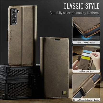 For Samsung Galaxy S21 FE 5G Case AUTSPACE A11 RFID Blocking Retro Leather Cell Phone Wallet Cover
