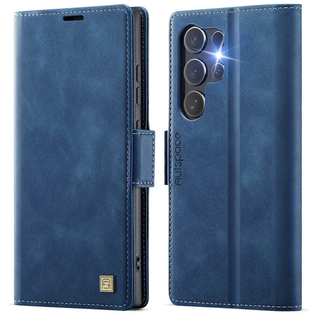 For Samsung Galaxy S22 Ultra 5G Case AUTSPACE A11 RFID Blocking Retro Leather Cell Phone Wallet Cover - Blue