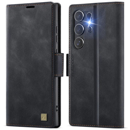 For Samsung Galaxy S22 Ultra 5G Case AUTSPACE A11 RFID Blocking Retro Leather Cell Phone Wallet Cover - Black