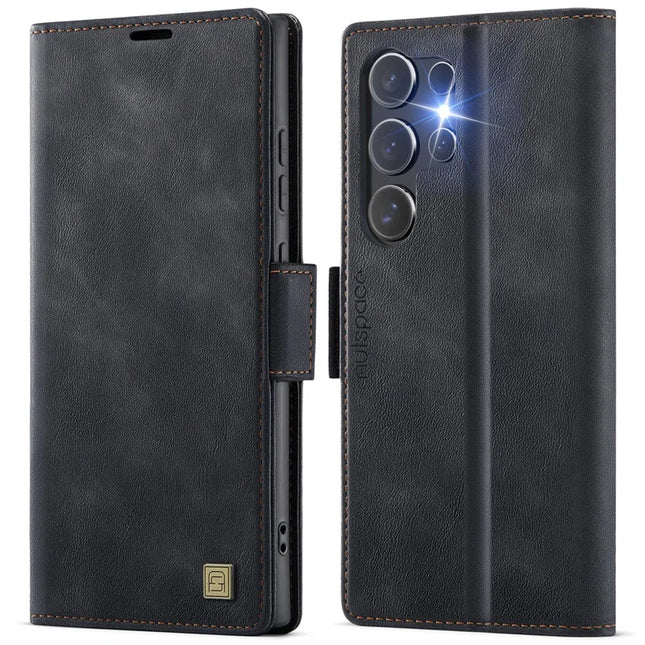 For Samsung Galaxy S22 Ultra 5G Case AUTSPACE A11 RFID Blocking Retro Leather Cell Phone Wallet Cover - Black