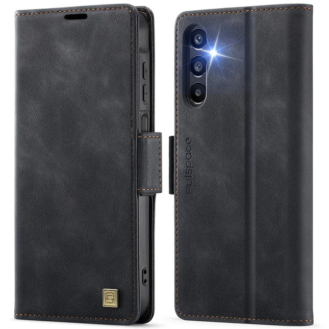 For Samsung Galaxy A14 4G / Galaxy A14 5G Case AUTSPACE A11 RFID Blocking Retro Leather Cell Phone Wallet Cover - Black