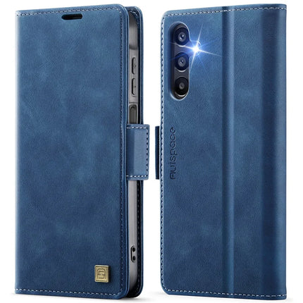 For Samsung Galaxy A14 4G / Galaxy A14 5G Case AUTSPACE A11 RFID Blocking Retro Leather Cell Phone Wallet Cover - Blue