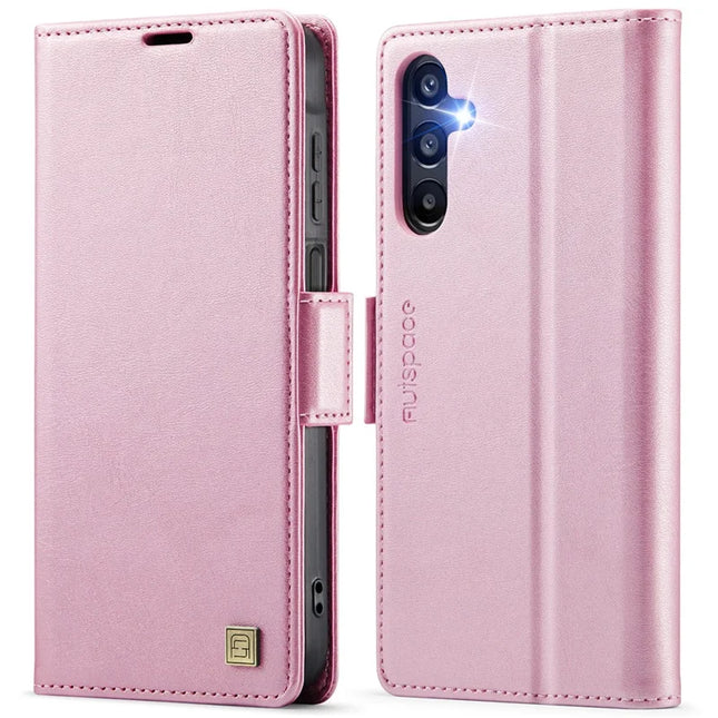 For Samsung Galaxy A15 4G / Galaxy A15 5G Case AUTSPACE A11 RFID Blocking Retro Leather Cell Phone Wallet Cover - Pink