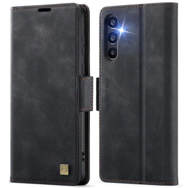 For Samsung Galaxy A55 5G Case AUTSPACE A11 RFID Blocking Retro Leather Cell Phone Wallet Cover - Black