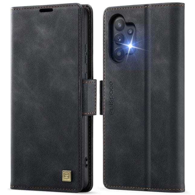 For Samsung Galaxy A32 5G Case AUTSPACE A11 RFID Blocking Retro Leather Cell Phone Wallet Cover - Black