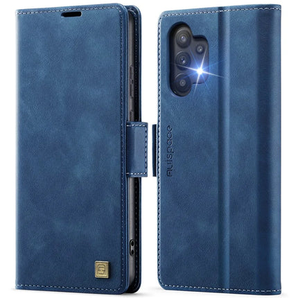 For Samsung Galaxy A32 5G Case AUTSPACE A11 RFID Blocking Retro Leather Cell Phone Wallet Cover - Blue